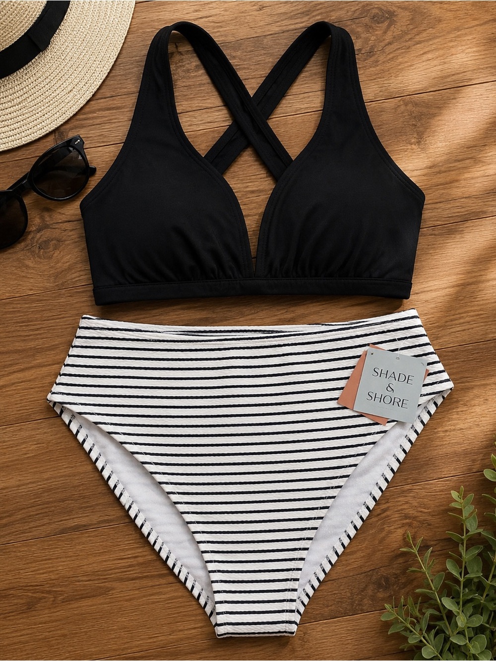 Shade & Shore Ribbed High Waist Black White Striped Bikini Bottom XL | XXL NWT